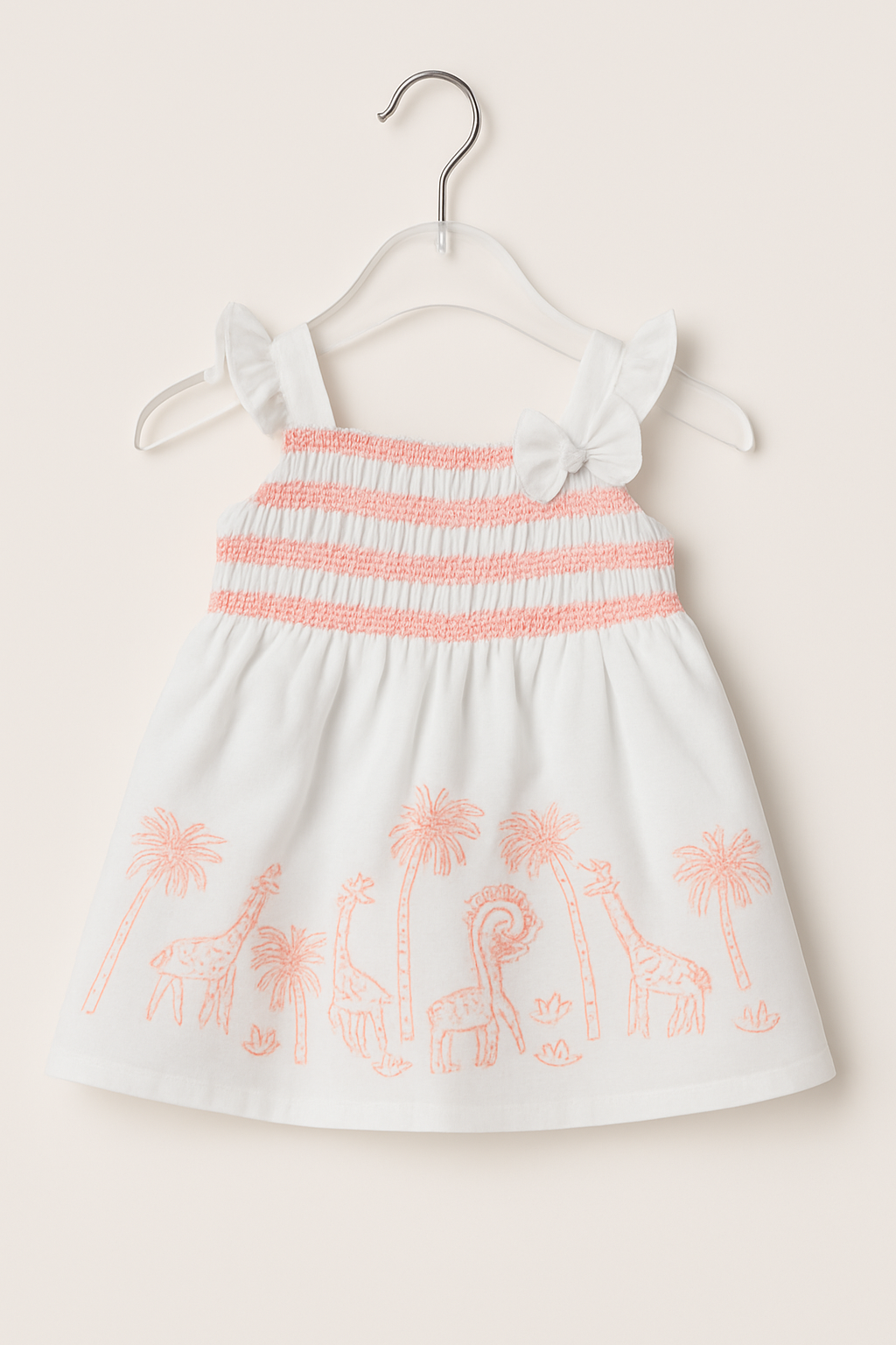 Smocked cotton frock with safari embroidery