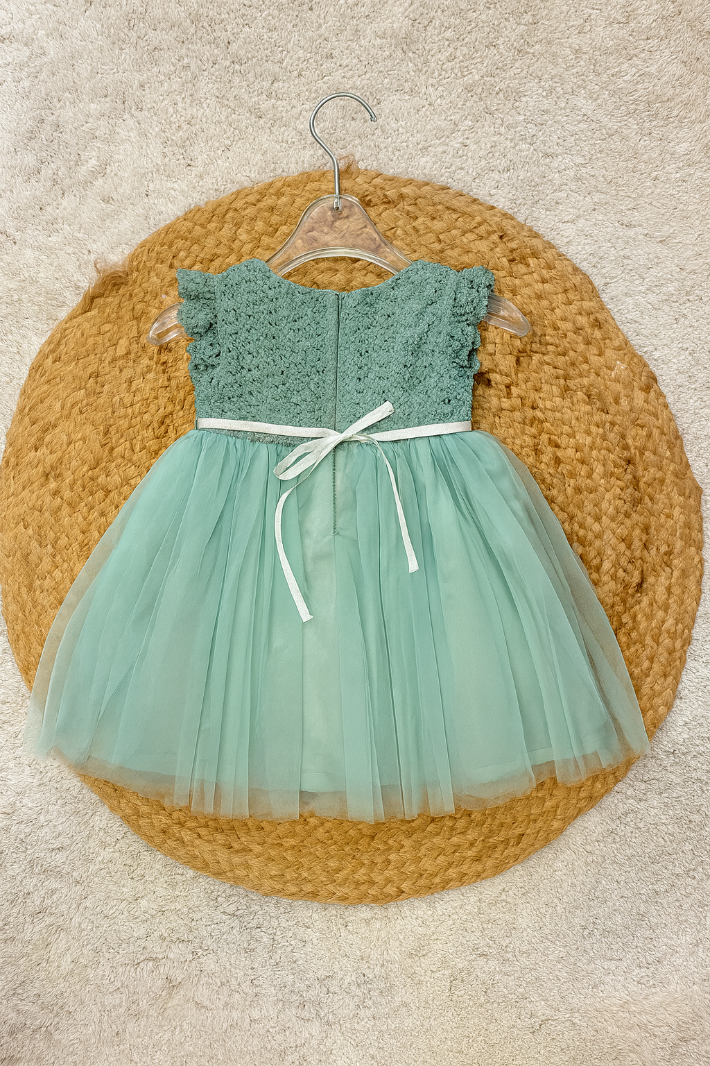 Elegant mint green net frock with lace bodice