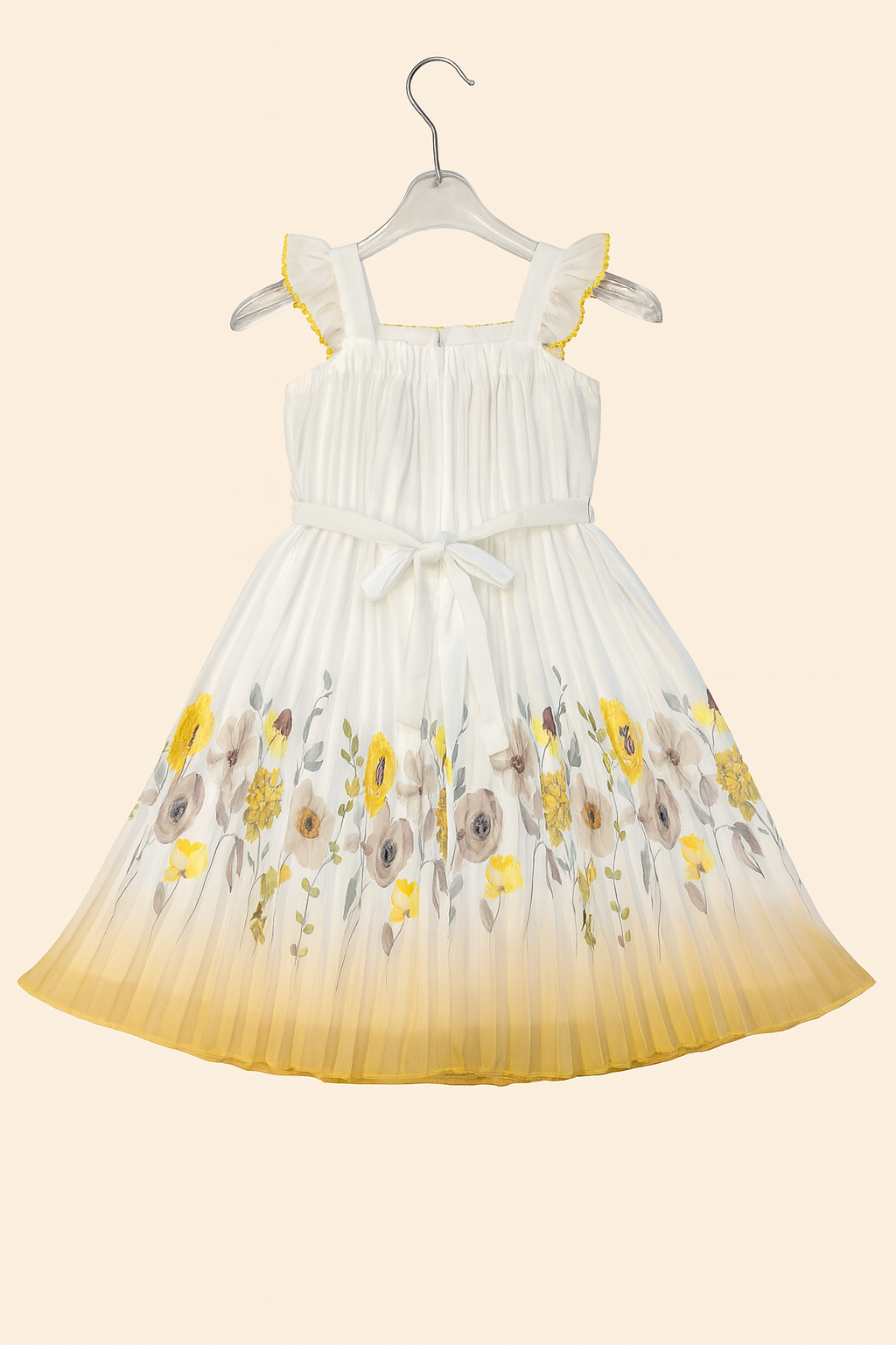 White Floral Pleated Frock with Yellow Ombre Finish