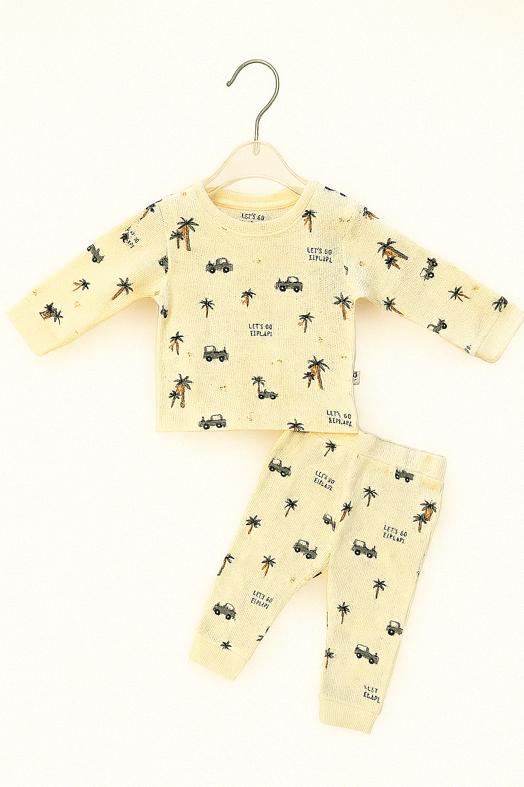 Beige waffle knit night suit with safari print