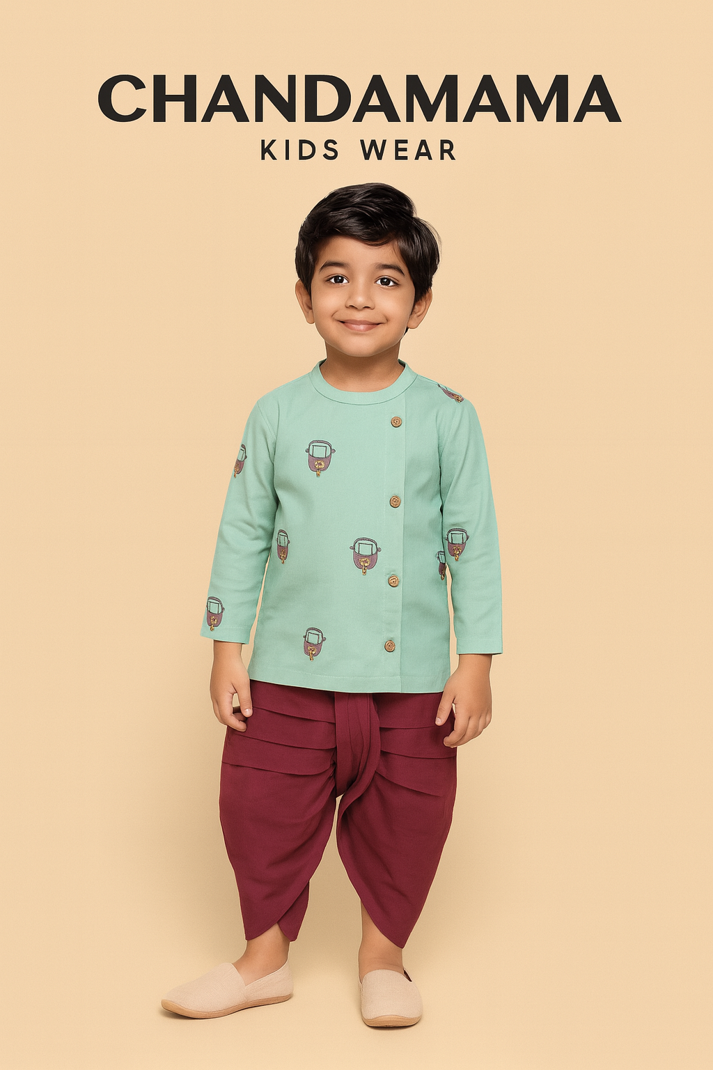 Mint Green Printed Kurta with Maroon Dhoti Set
