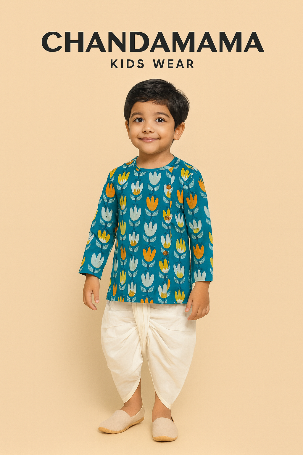 Teal Printed Floral Kurta with Cream Dhoti Set