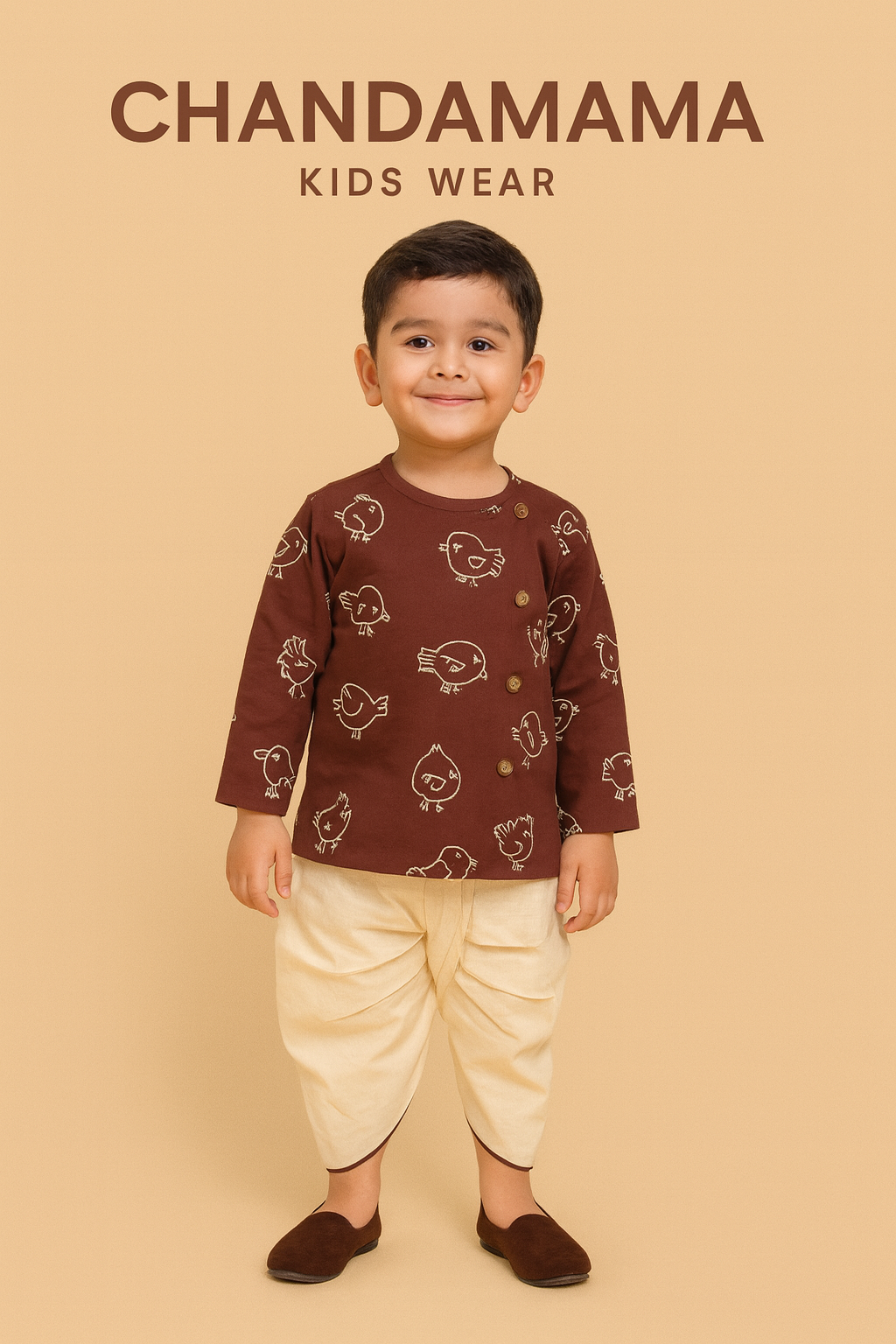 Brown Kurta with Quirky Bird Motifs and Cream Dhoti Set