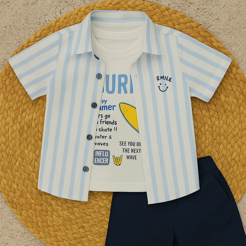 KIDZELLO Kids Striped Shirt with Graphic Tee & Shorts Set