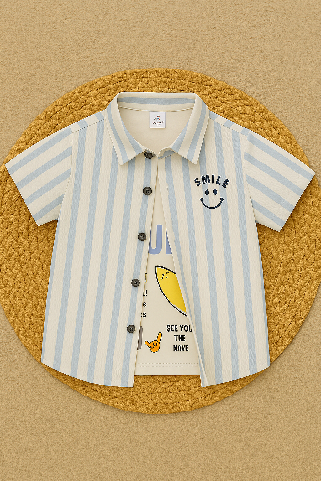 KIDZELLO Kids Striped Shirt with Graphic Tee & Shorts Set