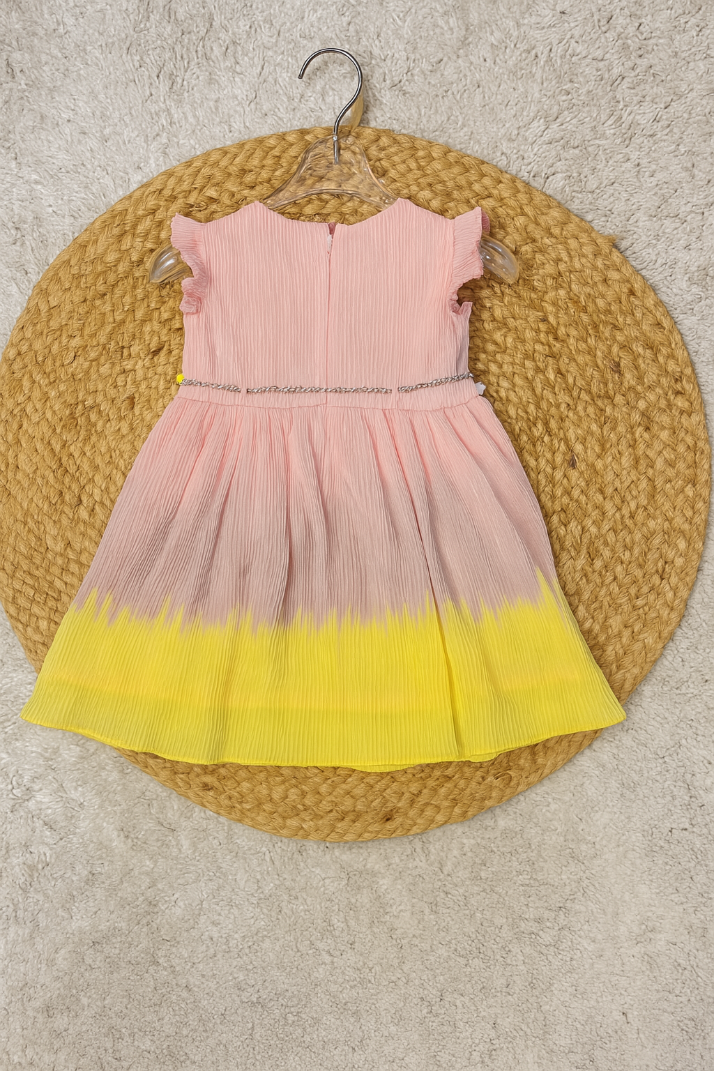 Pink & Yellow Ombre Pleated Dress with Bead Waist