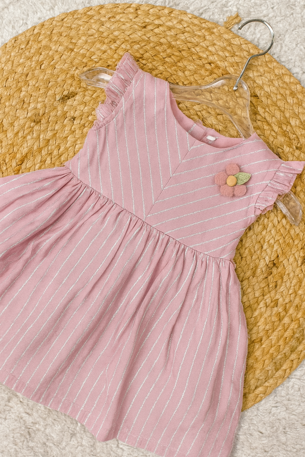 Sparkle Stripe Frock with Flower Brooch – Pink & Mint