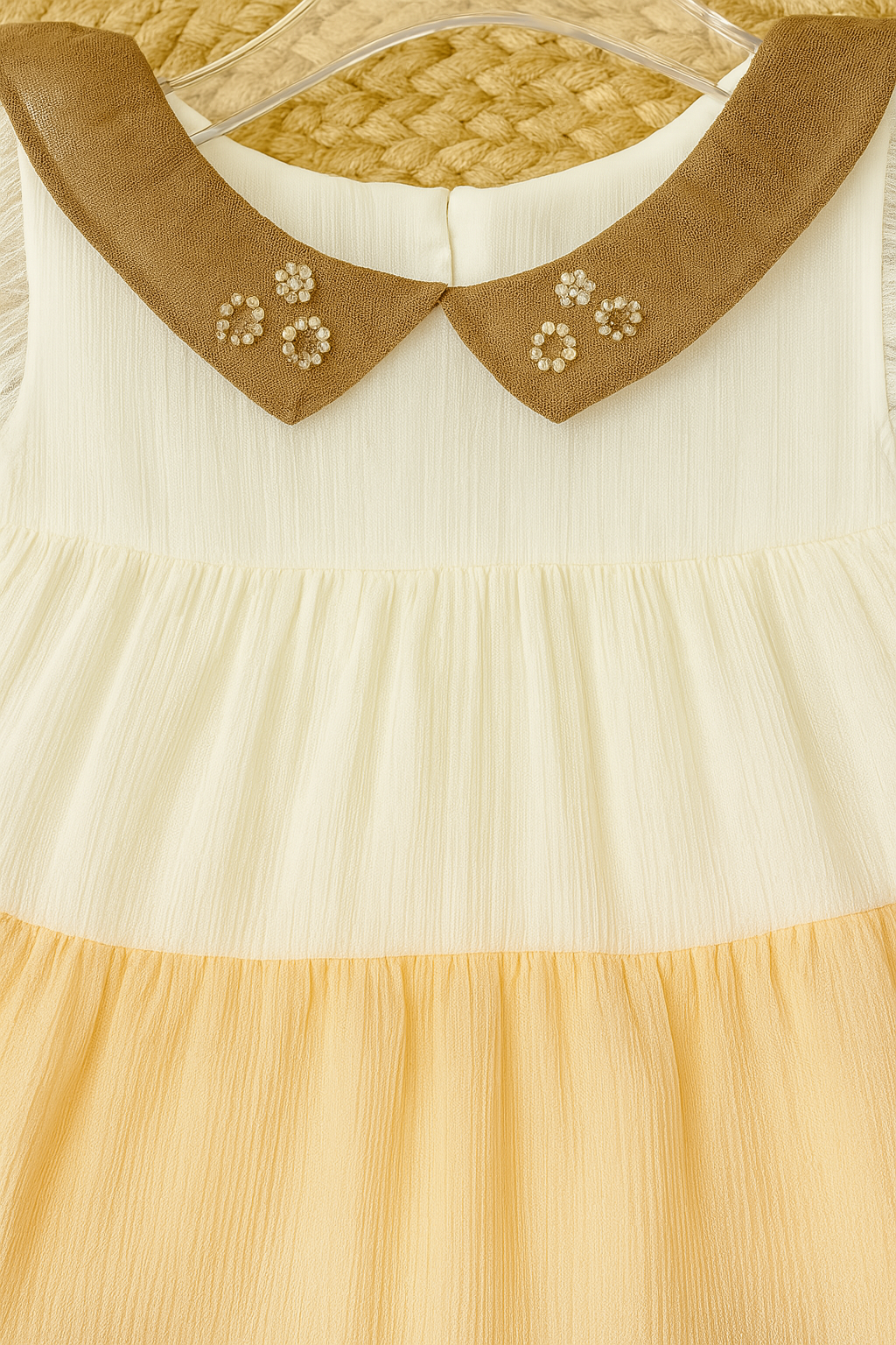 Elegant Brown Layered Frock with Embroidered Collar