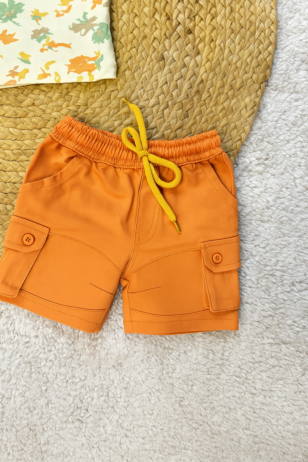 Yellow Printed Tee with Orange Cargo Shorts