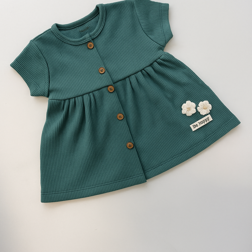 Soft Ribbed Button-Front Frock with Floral Patch