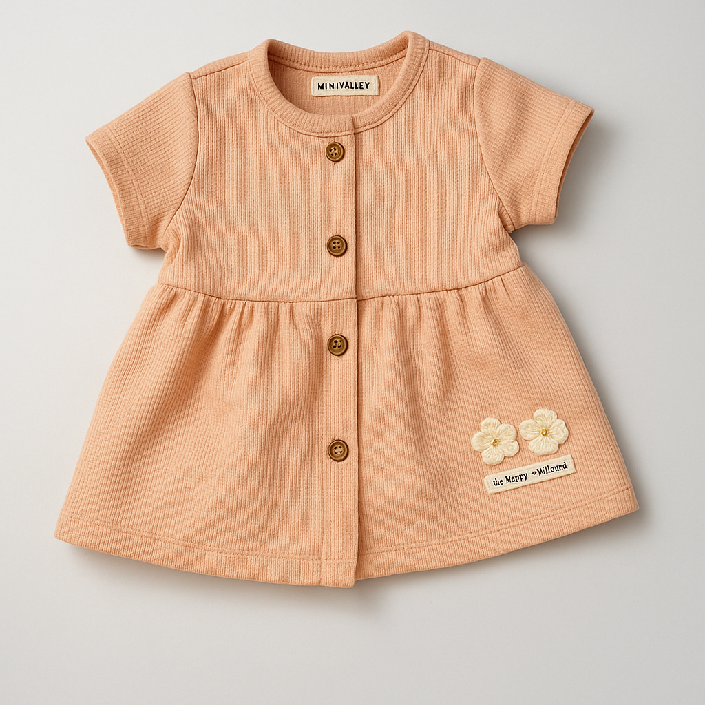 Soft Ribbed Button-Front Frock with Floral Patch