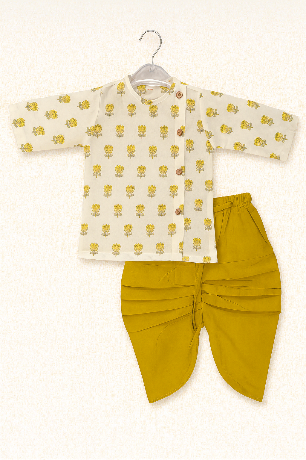 Yellow Floral Print Kurta with Mustard Dhoti Set