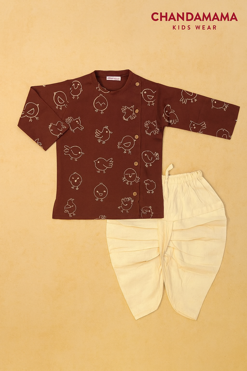 Brown Kurta with Quirky Bird Motifs and Cream Dhoti Set