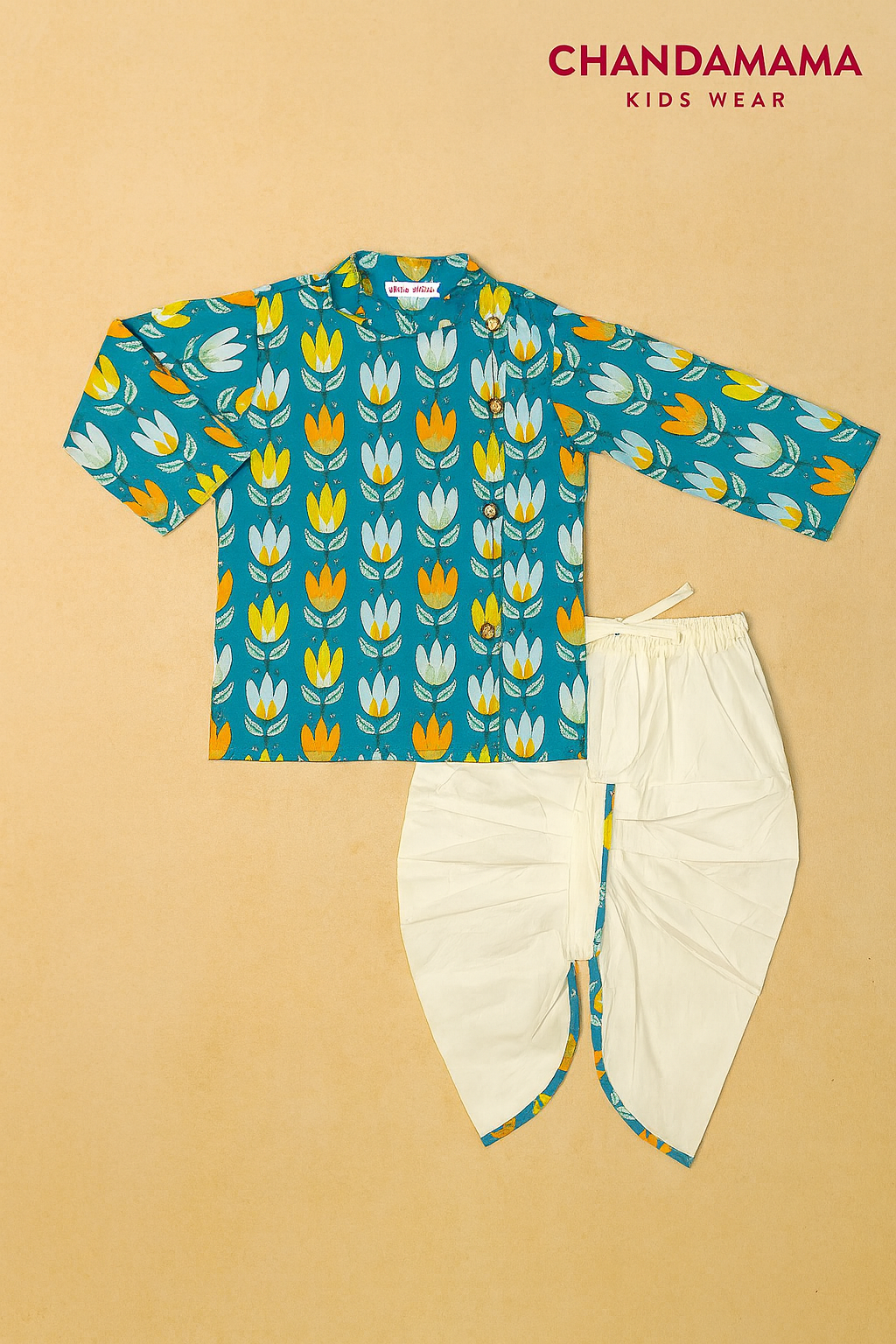 Teal Printed Floral Kurta with Cream Dhoti Set