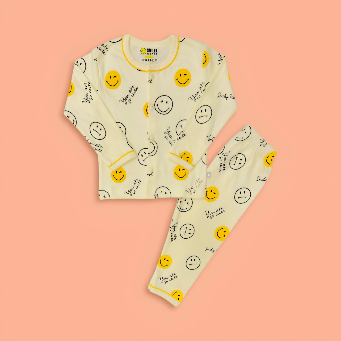 Full Sleeves Emoji Print Night Suit Set - Yellow