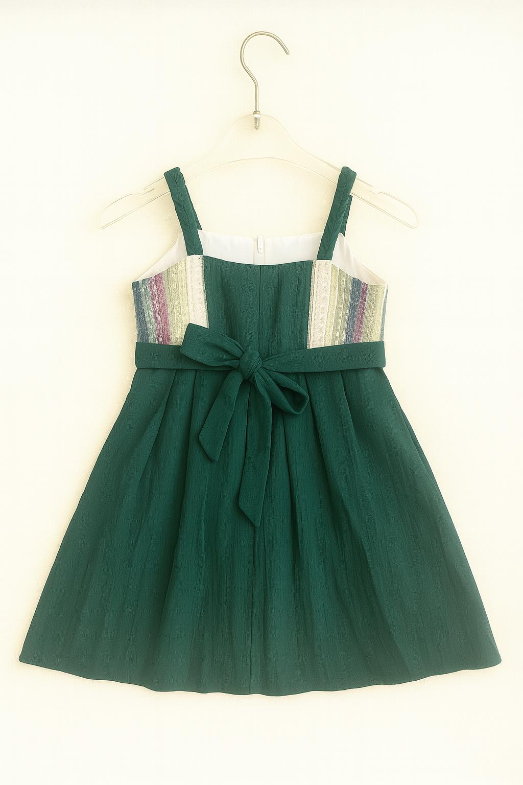 Green frock with multicolor striped yoke