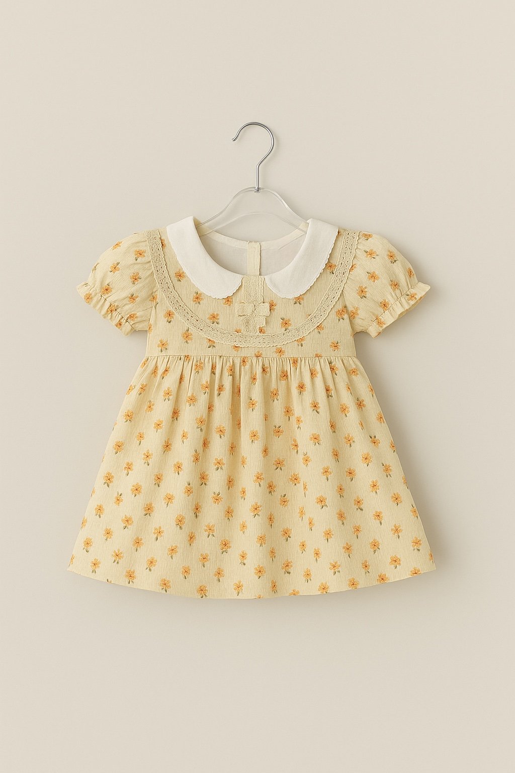 Muslin Charming Yellow Floral Frock with White Peter Pan Collar