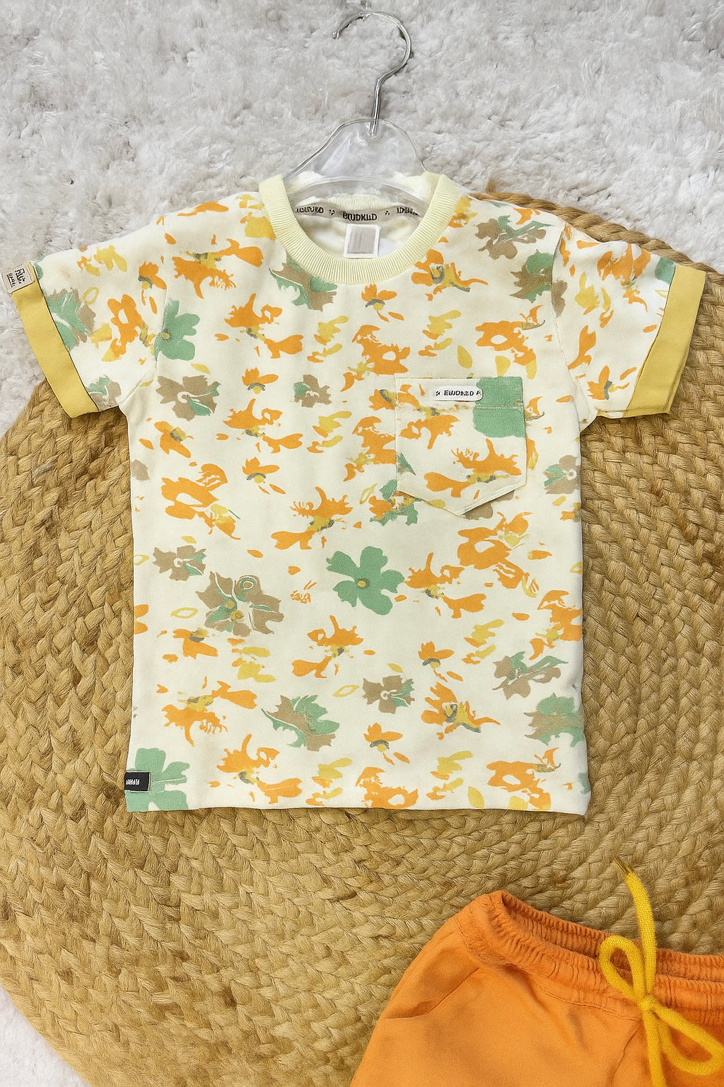 Yellow Printed Tee with Orange Cargo Shorts
