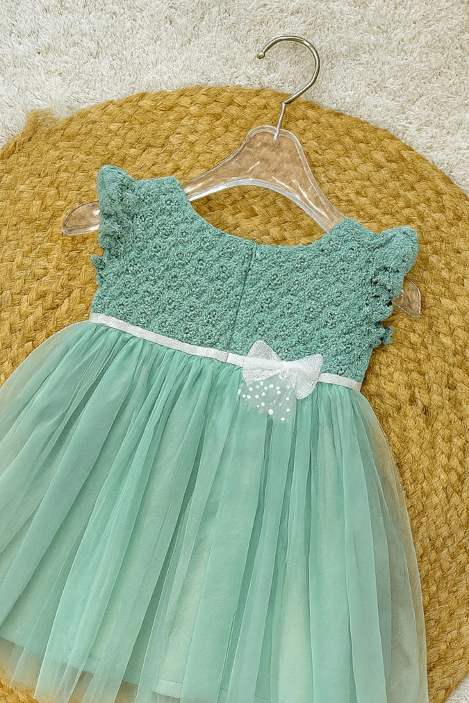 Elegant mint green net frock with lace bodice