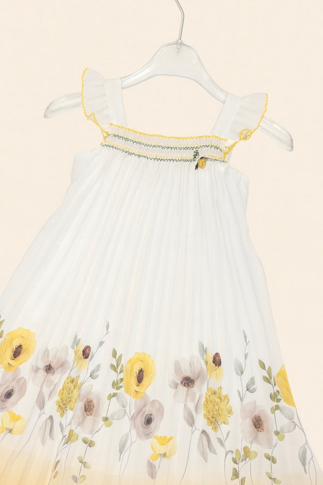 White Floral Pleated Frock with Yellow Ombre Finish