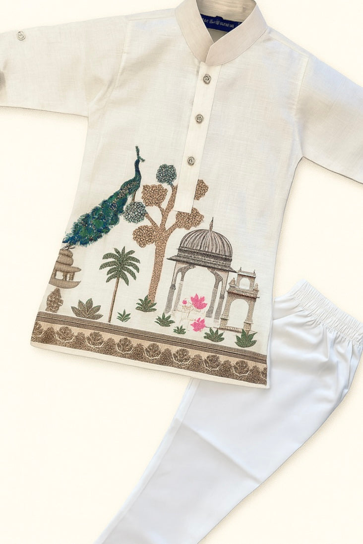 Cream Kurta Set with Peacock & palace Design