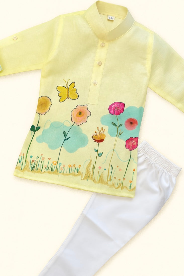 Yellow Kurta Set with Butterfly & Floral Design