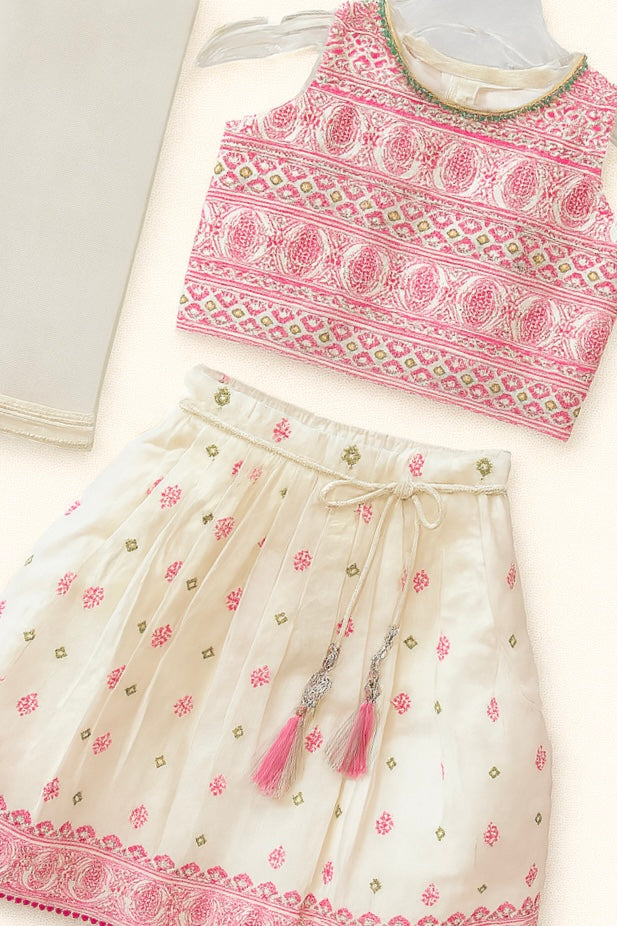 Girls' Festive Lehenga Choli Set – White Chicken Work Print & Dupatta
