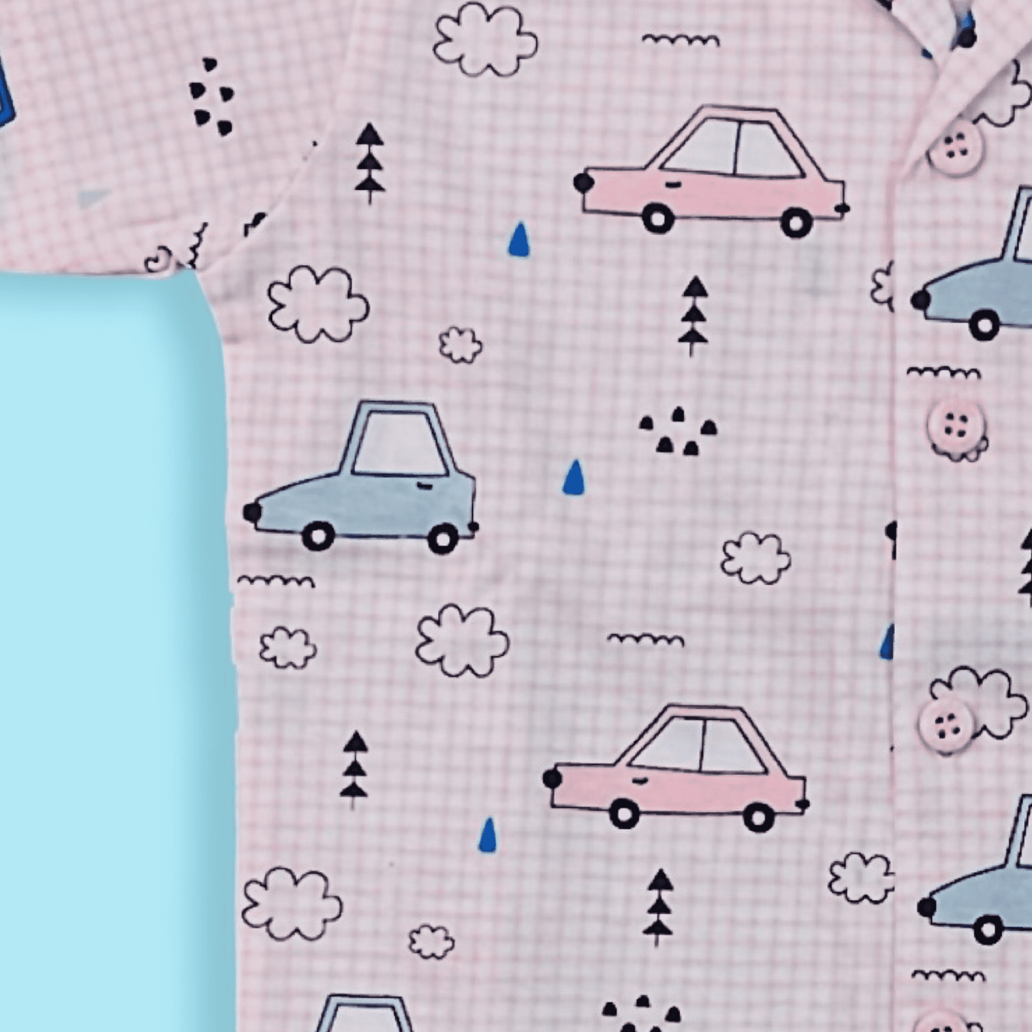 Half Sleeves Car Print Night Suit Set -Baby Pink