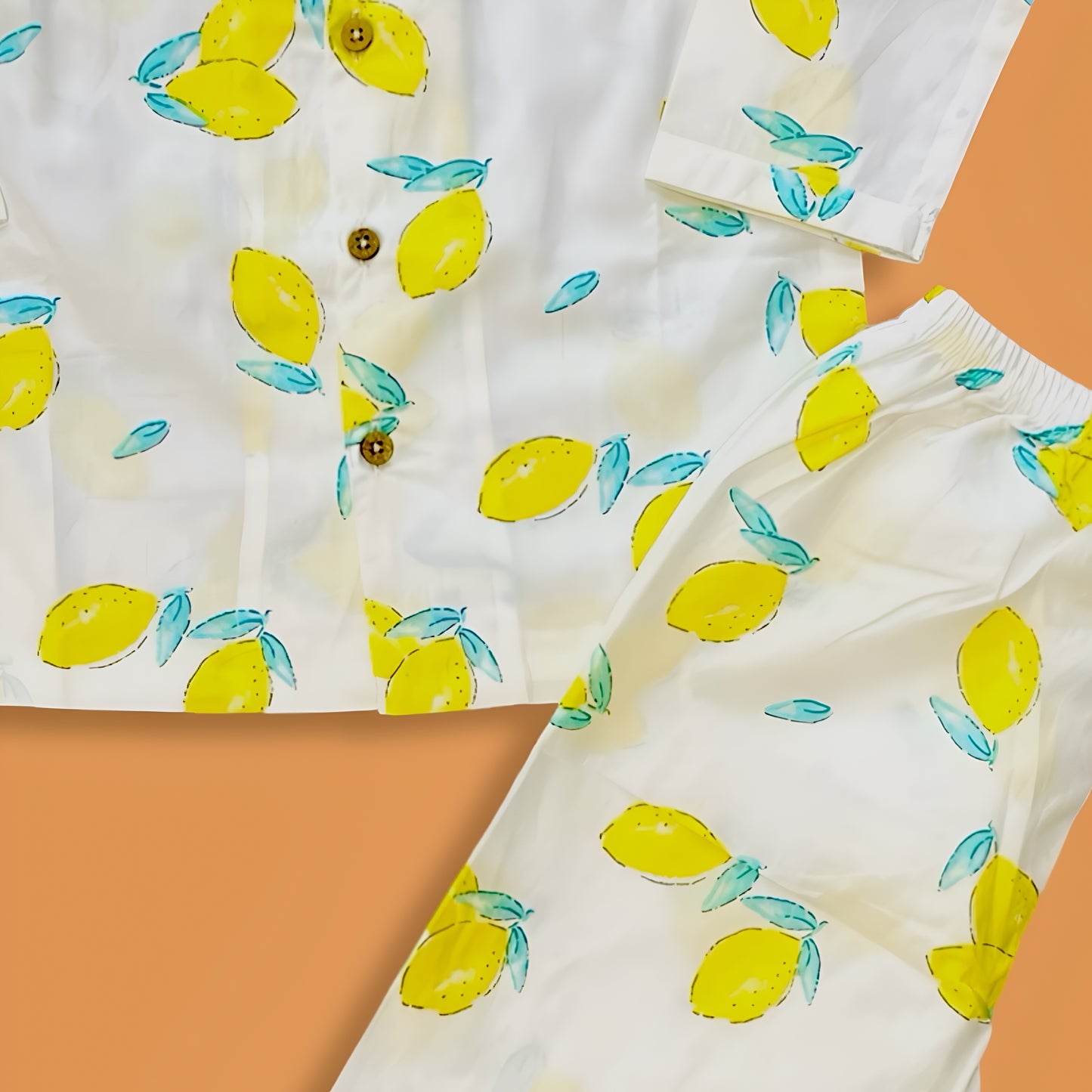 Full Sleeves Lemon Print Night Suit Set - White