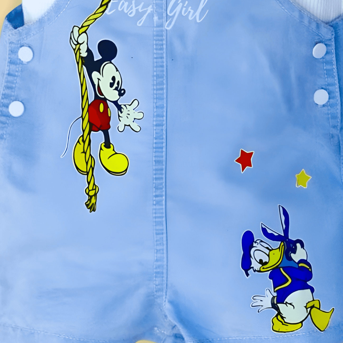 Cute Micky Mouse and Donald Duck Cartoon Print Soft Cotton Denim Dungaree with White T-shirt - Denim Blue