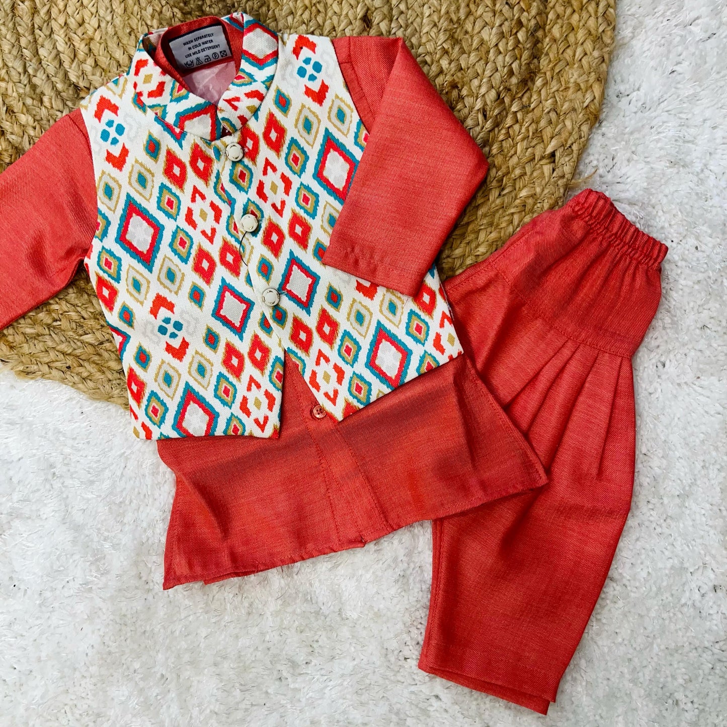 Boys Premium Indo Western Kurta-Pajama With Jacket (Peach).