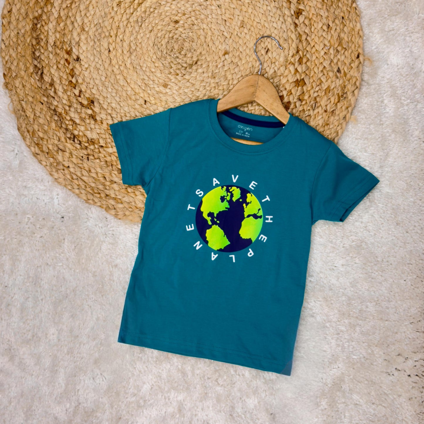 Boys Round Neck Half Sleeves Earth Printed Green Color T-Shirt.