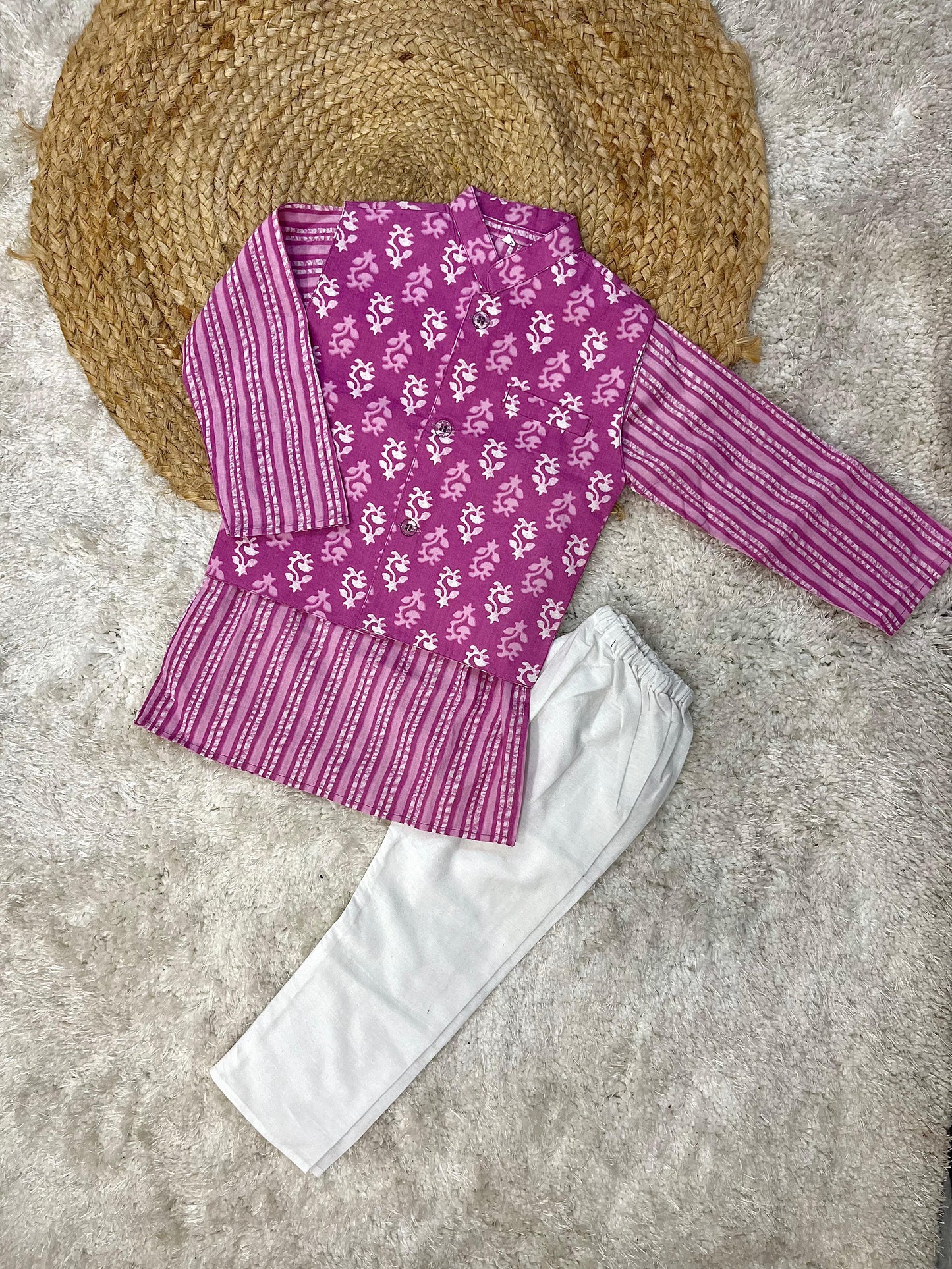 Kids Boy Purple Color Kurta & Pajama With Floral Print Purple Colour Jacket.