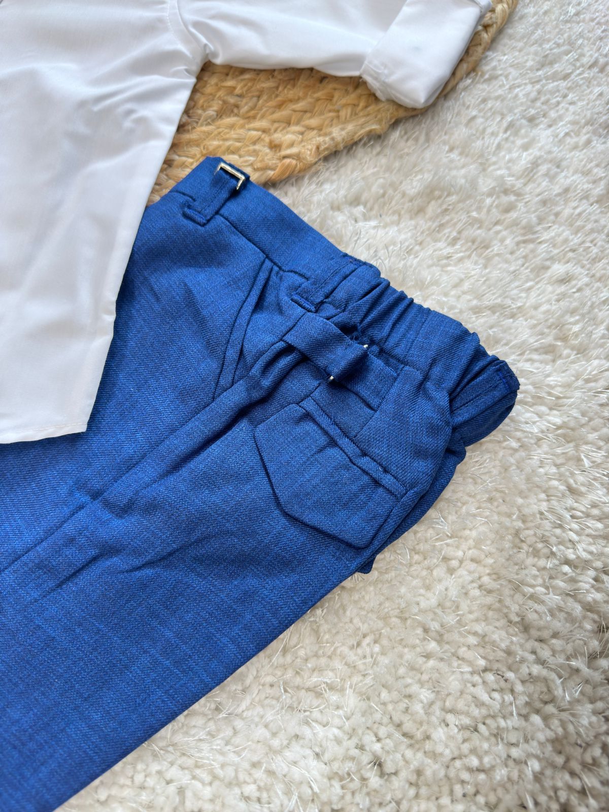 Cotton Knit Full Sleeves Solid Colour Party Suit with Bow & Waist Coat - Blue