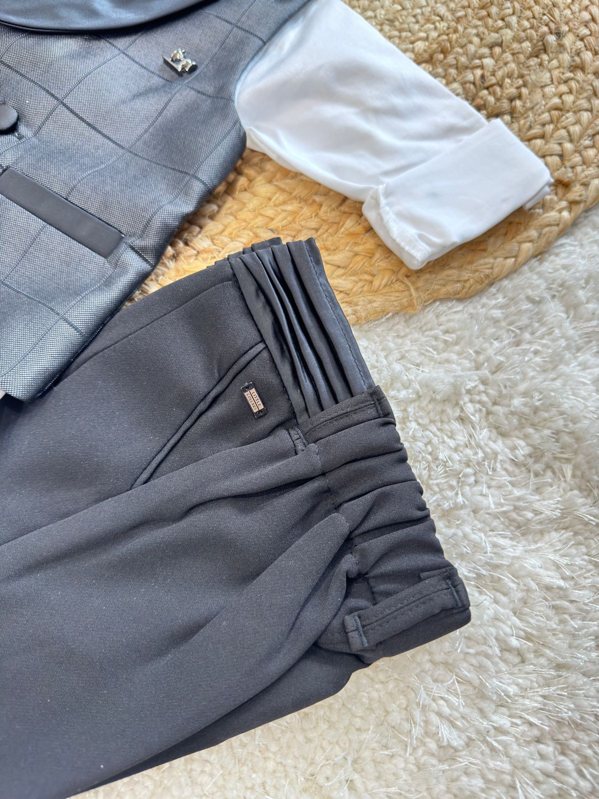 Cotton Full Sleeves Checked Party Suit With Waistcoat & Bow- Black