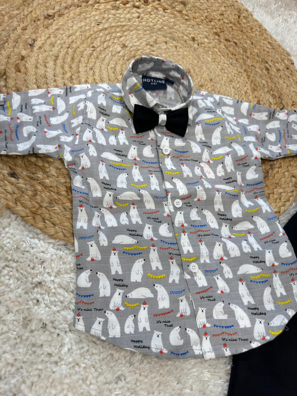 Full Sleeves Abstract Printed Shirt With Pant & Suspender With Bow - Gray and Black