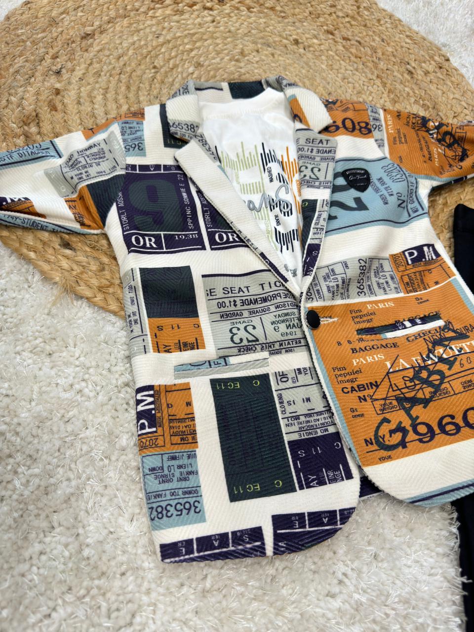 Full Sleeves Blazer With Text Printed T-Shirt & Trouser Set .