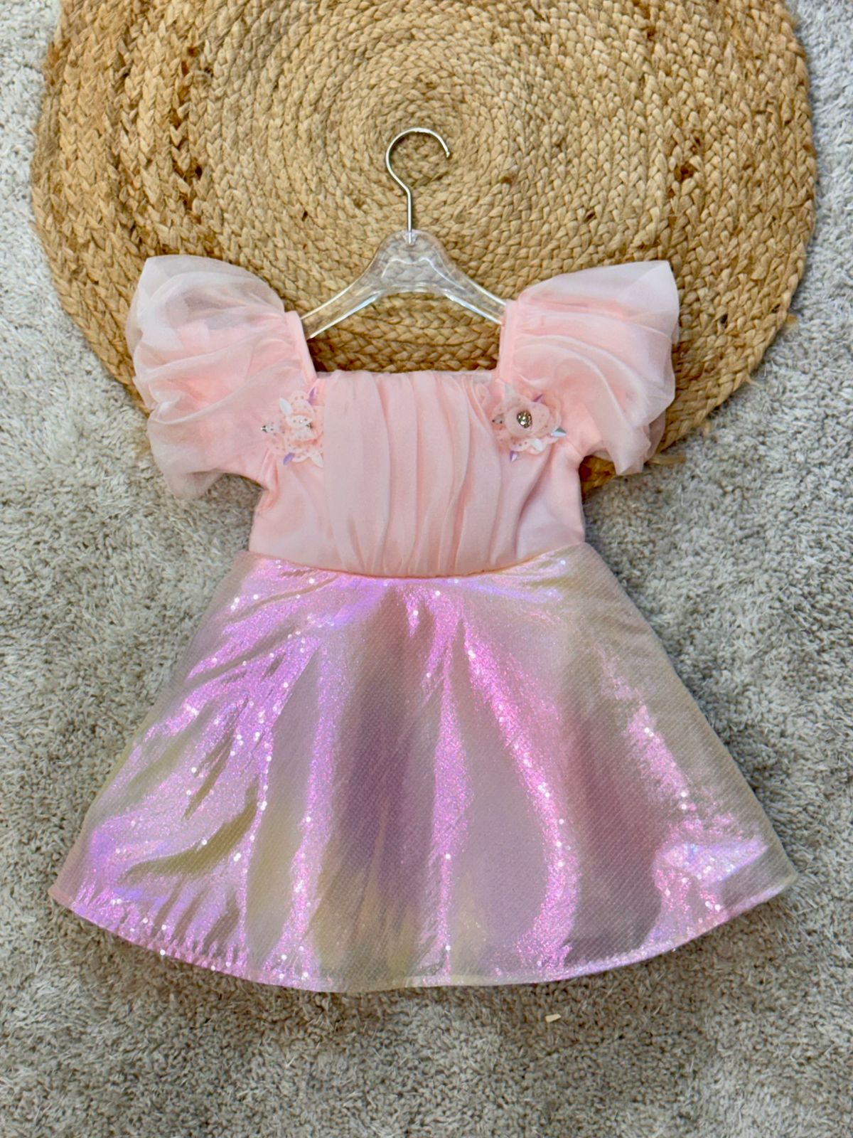 Half Sleeves Solid Party Wear Frock Floral Applique - Peach