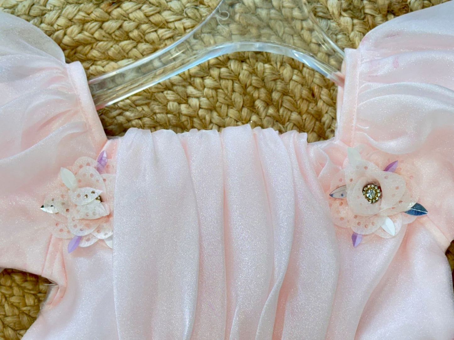 Half Sleeves Solid Party Wear Frock Floral Applique - Peach