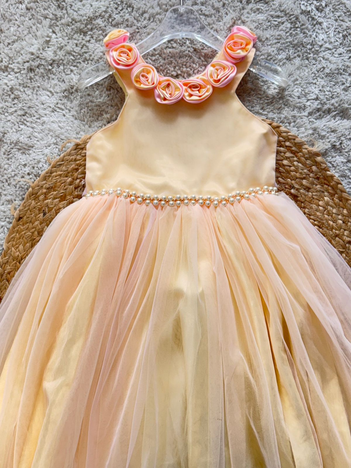 Sleeveless Party Frock With Floral Corsage - Peach
