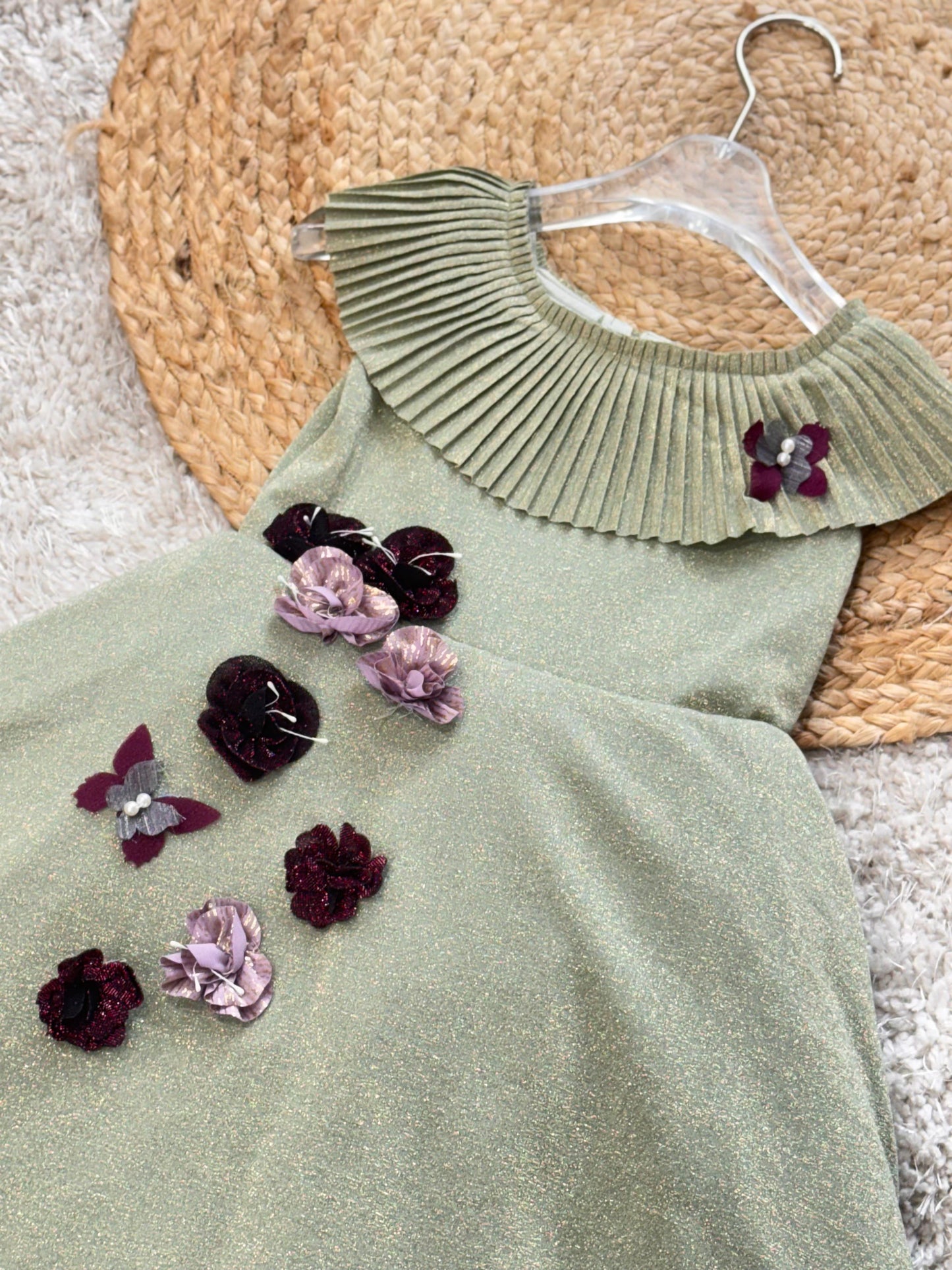 Pista Green Long Gown For Kids With Hand Work