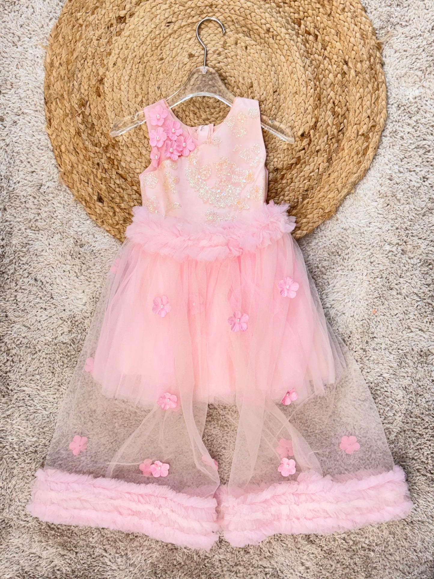 Sleeveless Floral Applique Flower Flared Party Wear Frock With layer - Pink