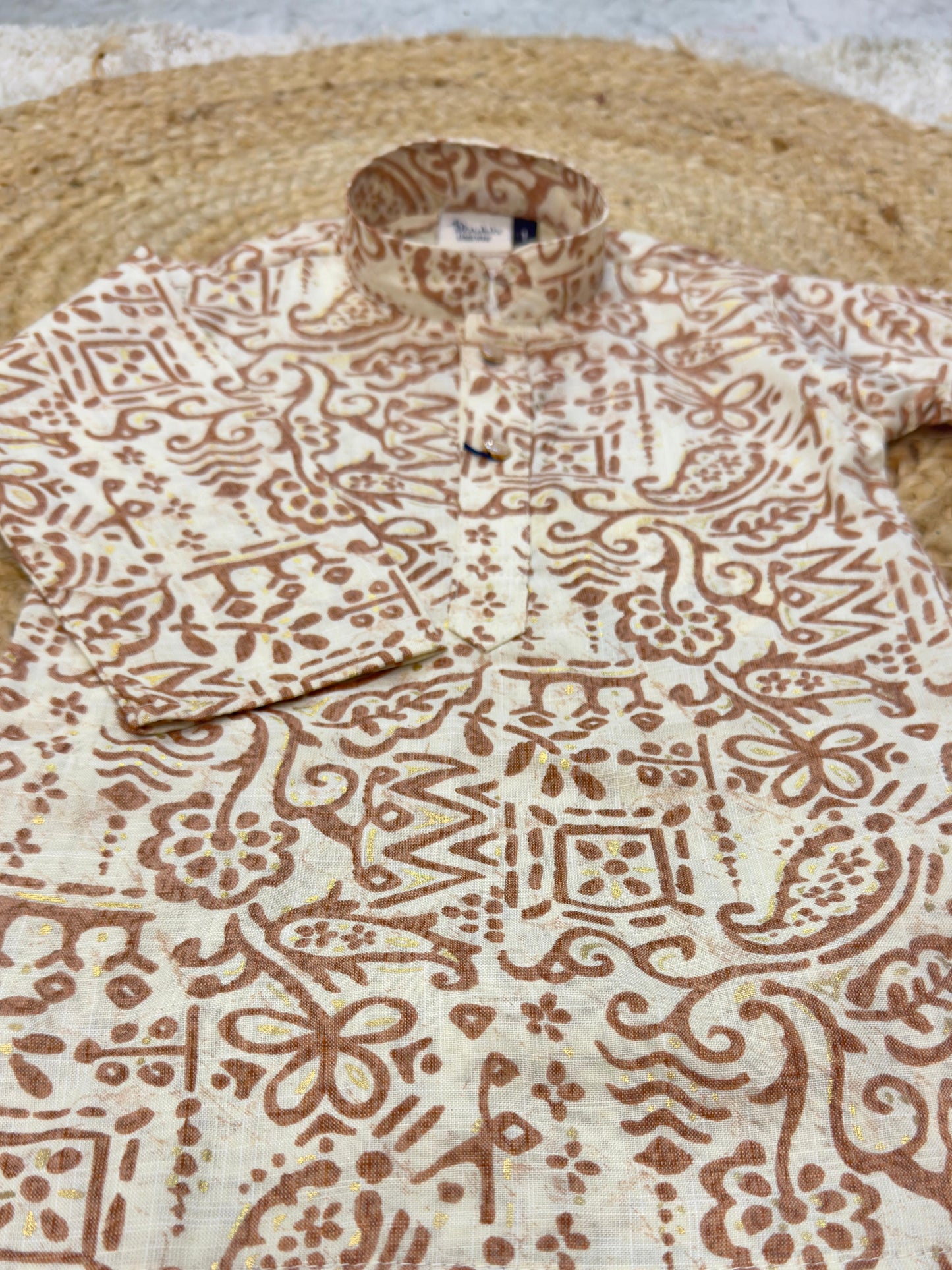 Full Sleeves Printed Kurta With Pyjama set - Cream Color