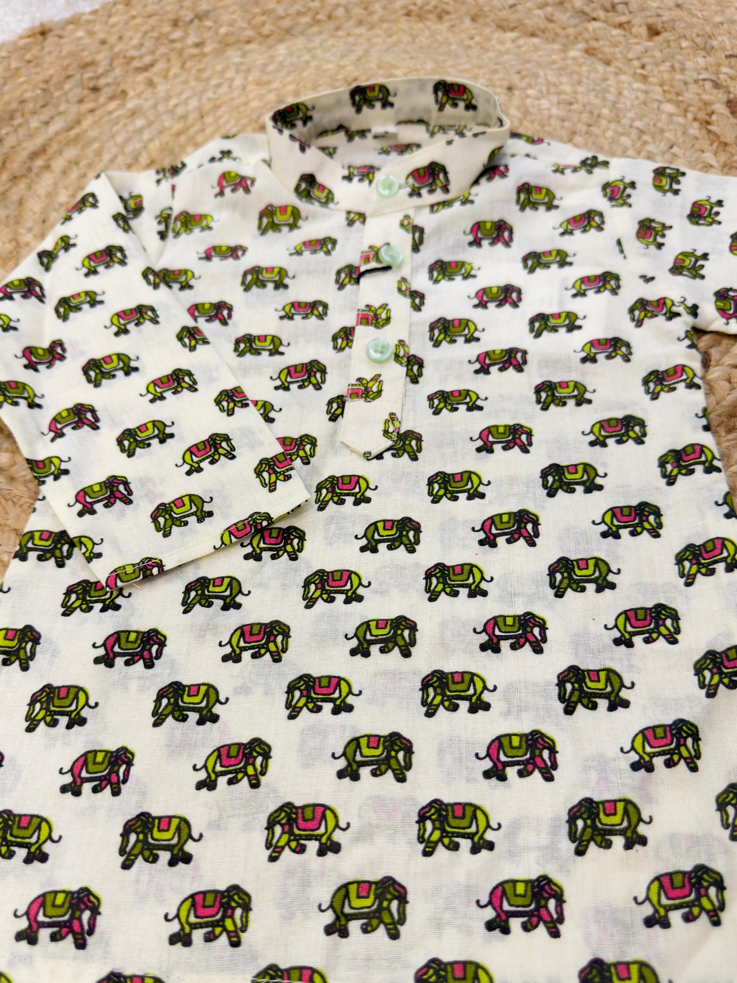 Full Sleeves Cream Color Elephant Printed Kurta With Pyjama set