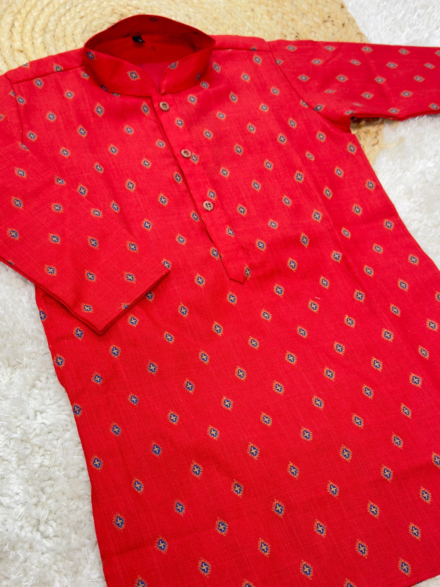 Full Sleeves Dot Printed Kurta With Pyjama set - Red