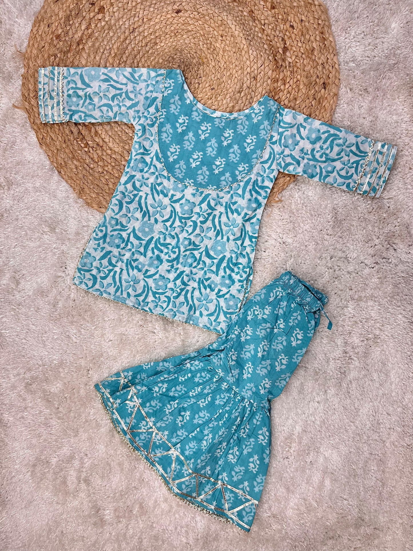 Kid Girl Sky Blue Colour Kurta Sharara Set