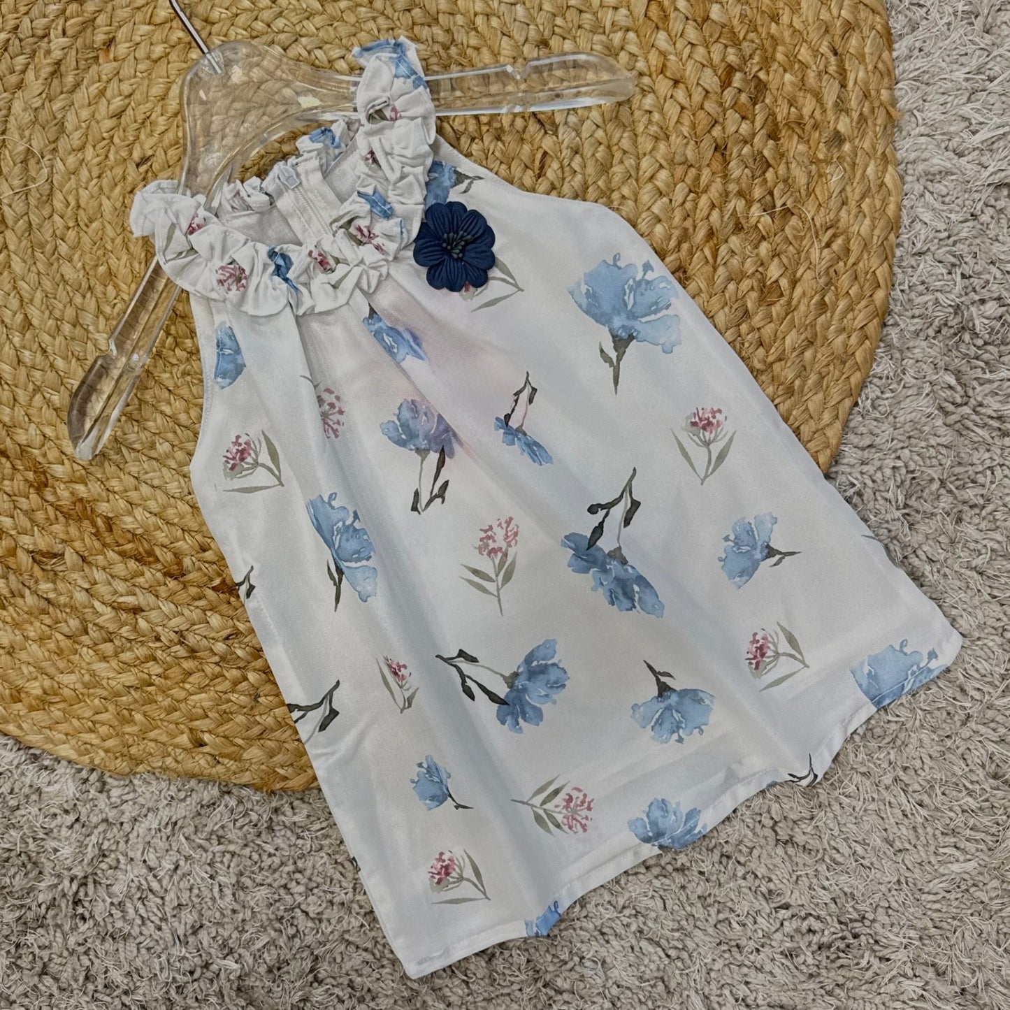 Chiffon Floral Dress with Ruffle Neckline