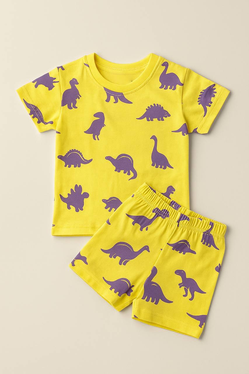 Bright Yellow Dino Print Co-ord Set for Kids