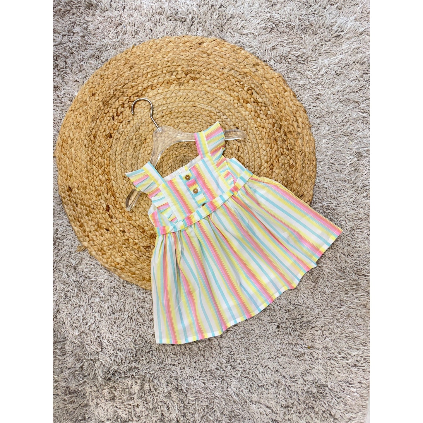 Rainbow Striped Dress with Front Button