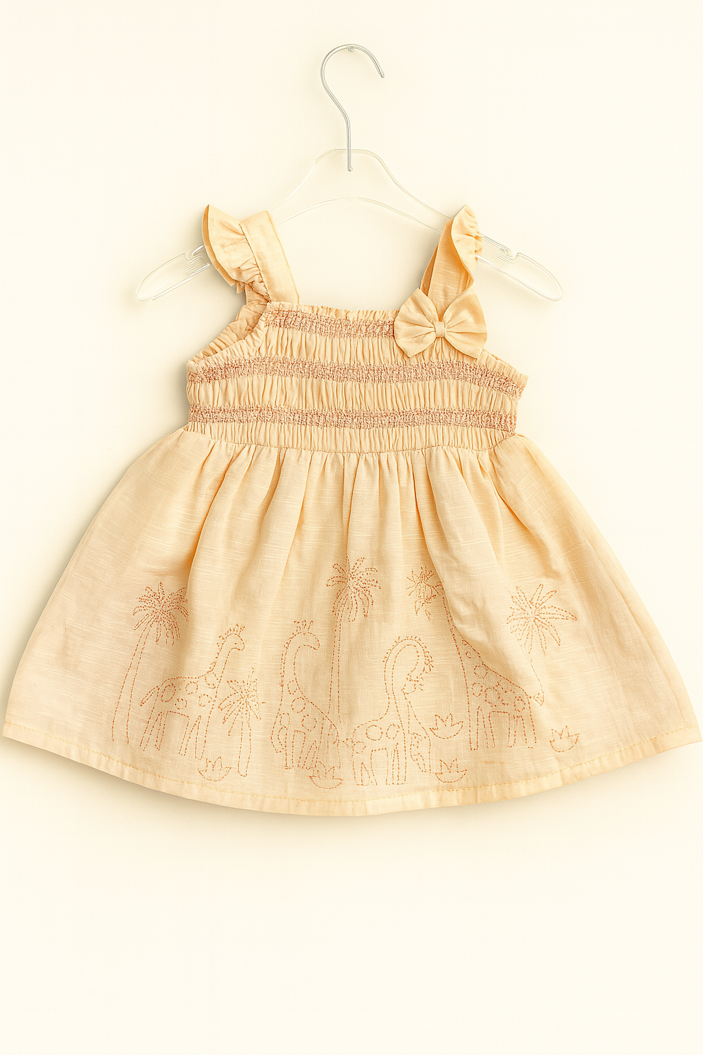 Smocked cotton frock with safari embroidery